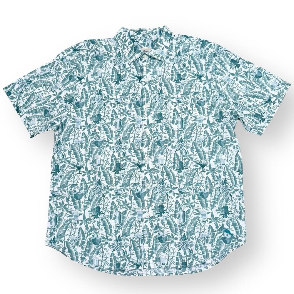 NWT Tommy Bahama Mens L Deep Sea Teal Cotton Tropical Pineapple Print Camp Shirt - Picture 2 of 9